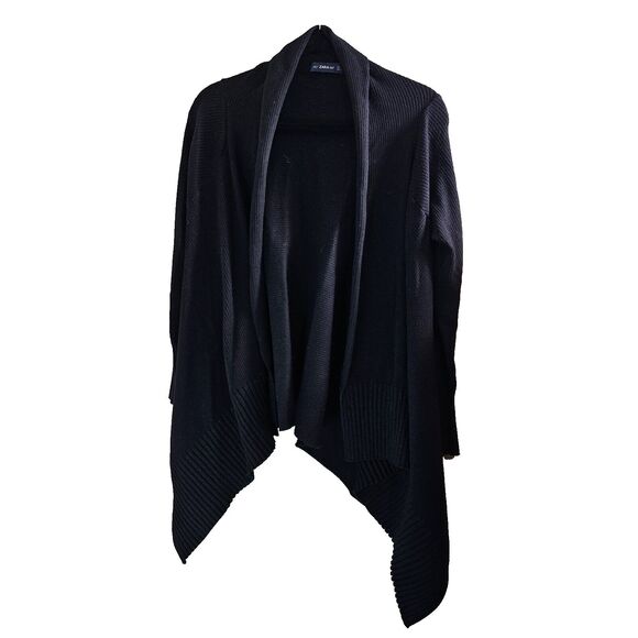 Zara Womens Sz M Black Open Front Knit Cardigan Sweater waterfall front opening - Picture 1 of 4